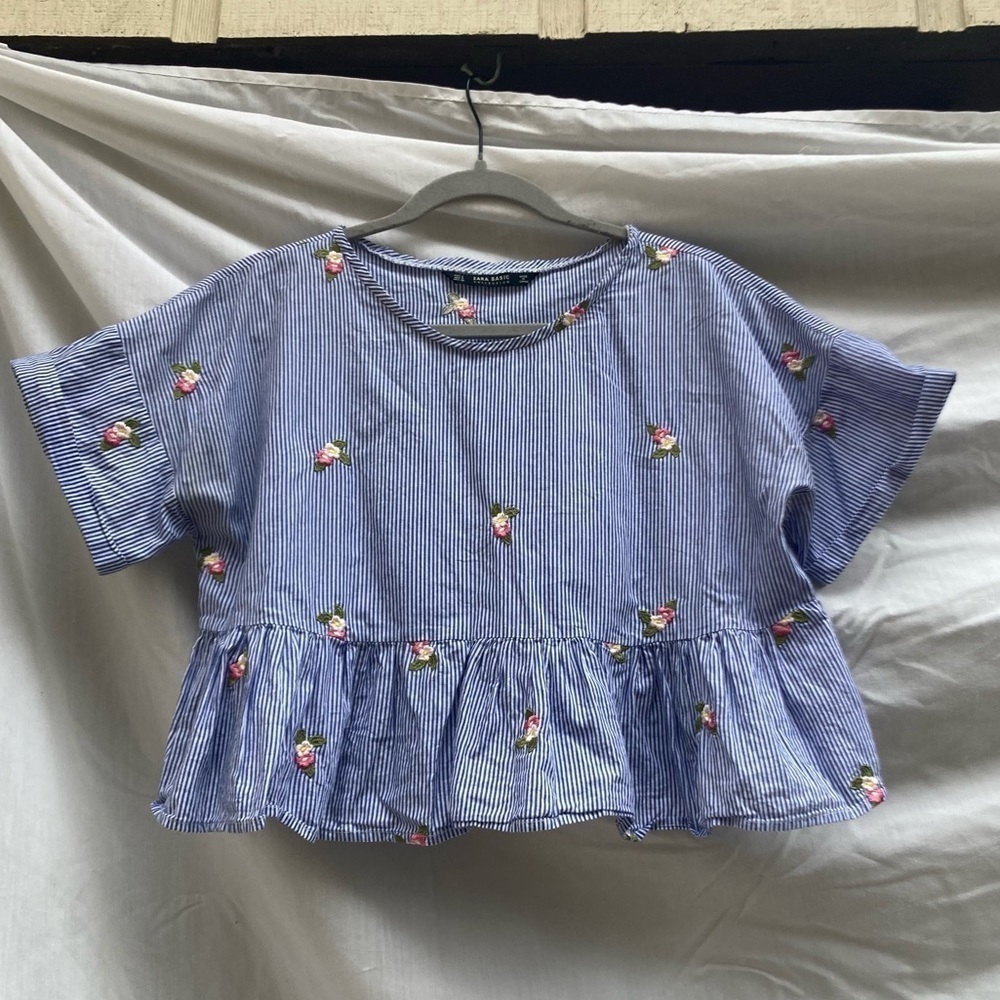 Zara blue and white striped cropped embroidered top, size small